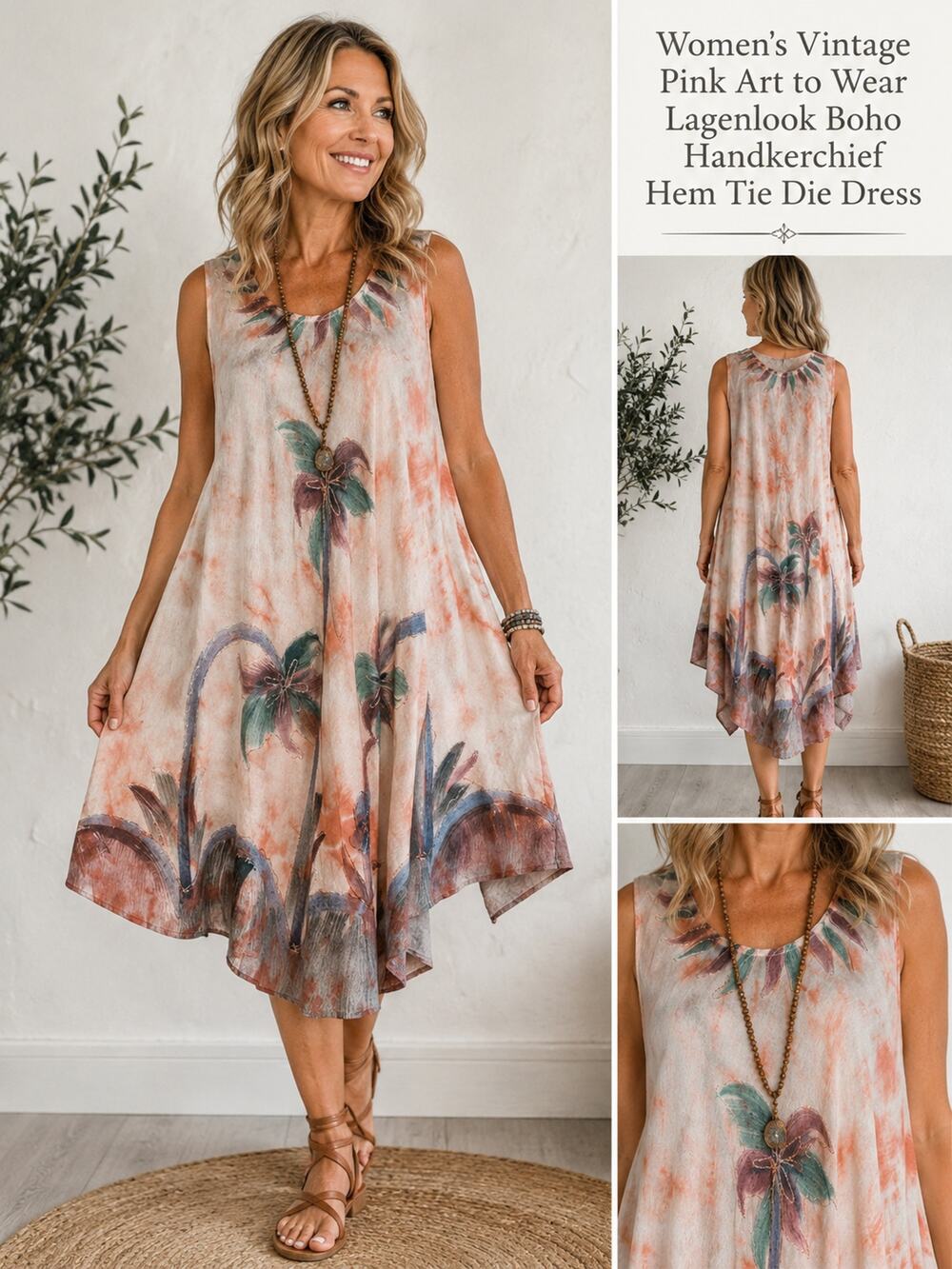 Women's Vintage Pink Art to Wear Lagenlook Boho Handkerchief Hem Tie Dye Dress‎